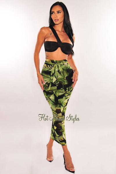 Black Tropical Print Script Print One Shoulder Ruched Midi Skirt Two Piece Set - Hot Miami Styles