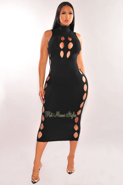 Black Turtle Neck Ribbed Knit Sleeveless Cut Out Midi Dress - Hot Miami Styles