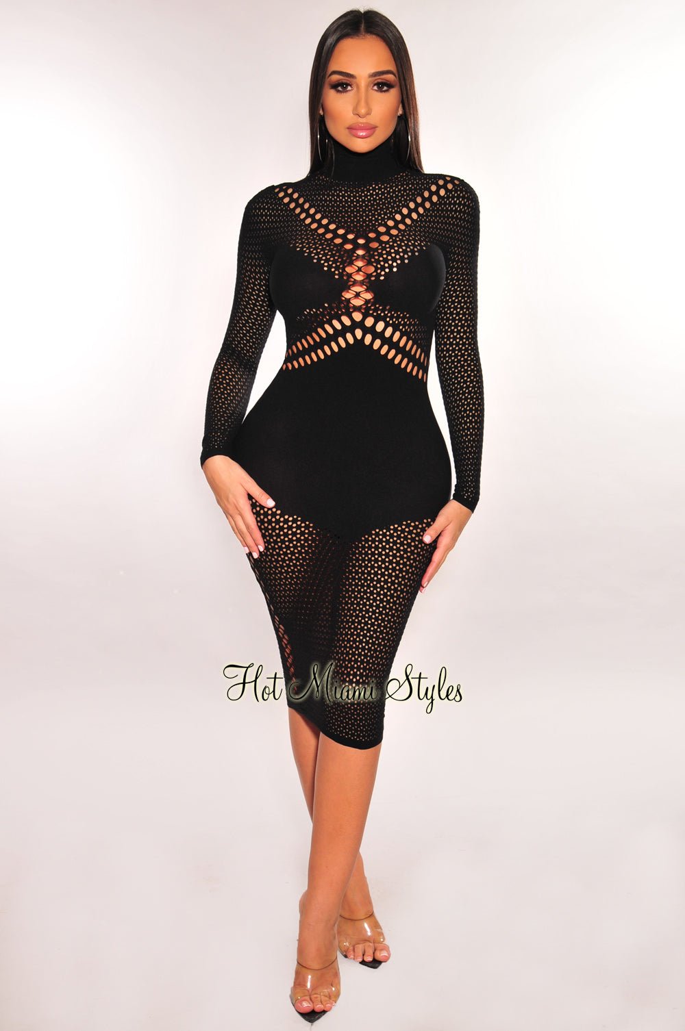 Black Rhinestone Studded Cut Out Long Sleeve Seamless Dress – Hot Miami  Styles