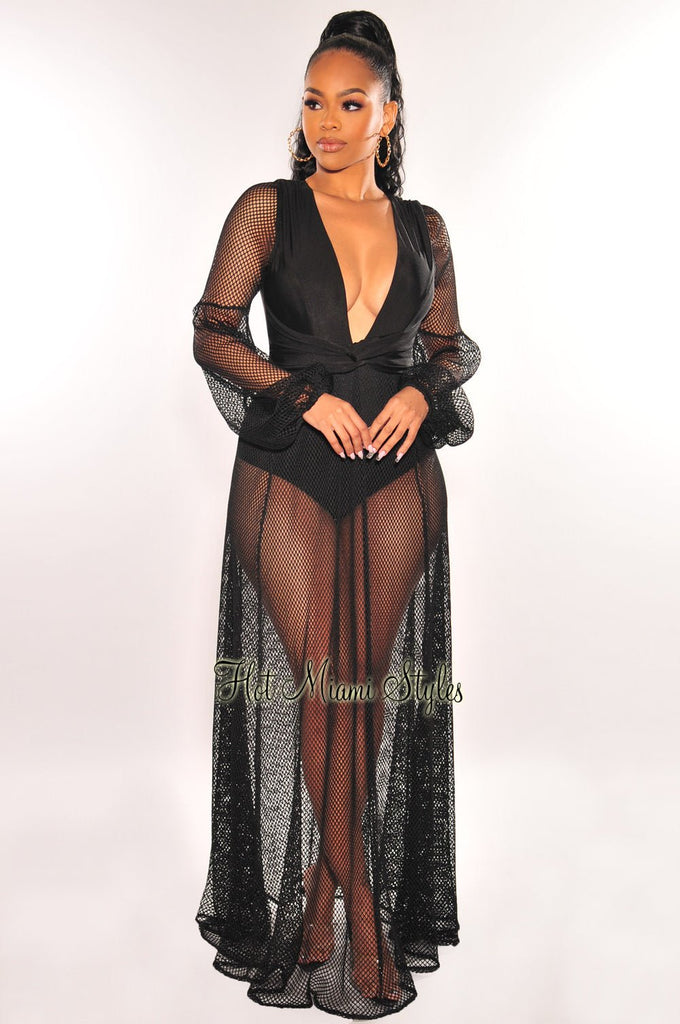 Black V Neck Fishnet Long Sleeve Maxi Dress - Hot Miami Styles Black V Neck Fishnet Long Sleeve Maxi Dress - Hot Miami Styles
