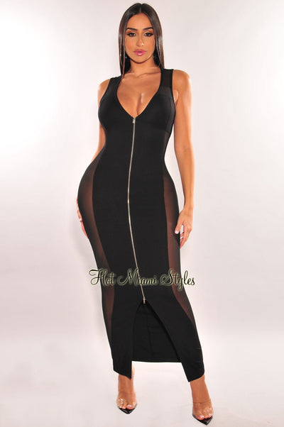 Black V Neck Zipper Sleeveless Mesh Sides Maxi Dress - Hot Miami Styles