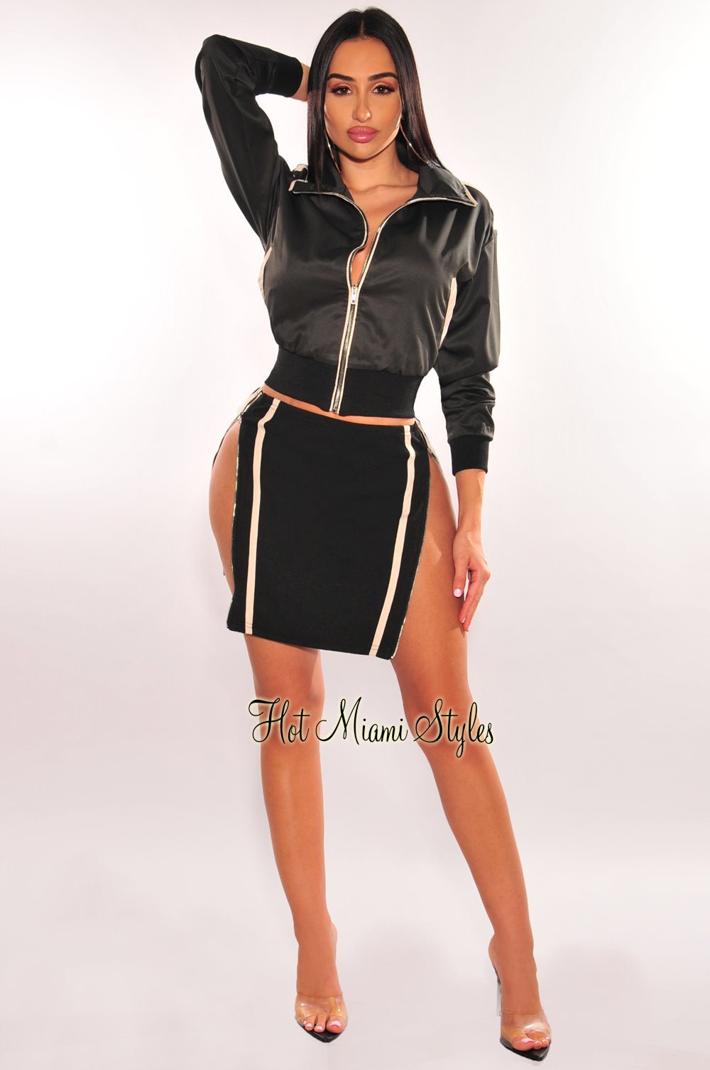 Olive Nude Varsity Jacket Zipper Mini Skirt Two Piece Set – Hot Miami Styles