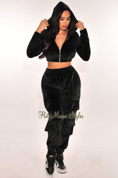 Black Velour Long Sleeve Zip Up Hooded Cargo Joggers Two Piece Set - Hot Miami Styles