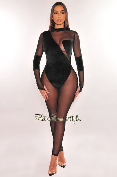Black Velvet Sheer Round Neck Long Sleeve Jumpsuit - Hot Miami Styles