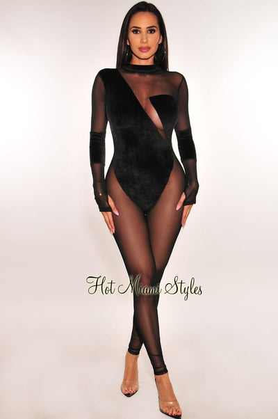 Black Velvet Sheer Round Neck Long Sleeve Jumpsuit - Hot Miami Styles