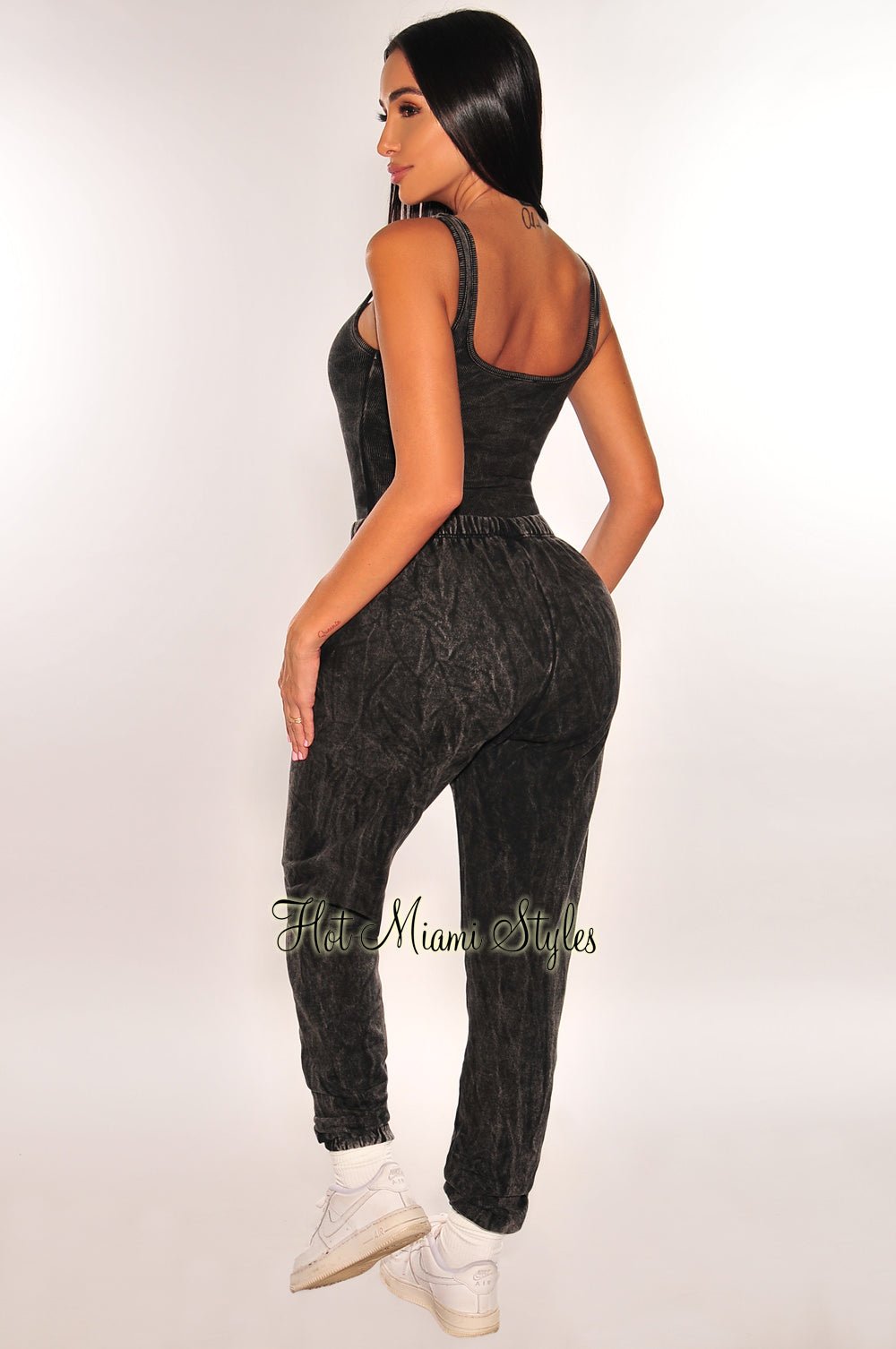 Black Vintage Wash Bodysuit Jogger Pants Two Piece Set Hot Miami Styles