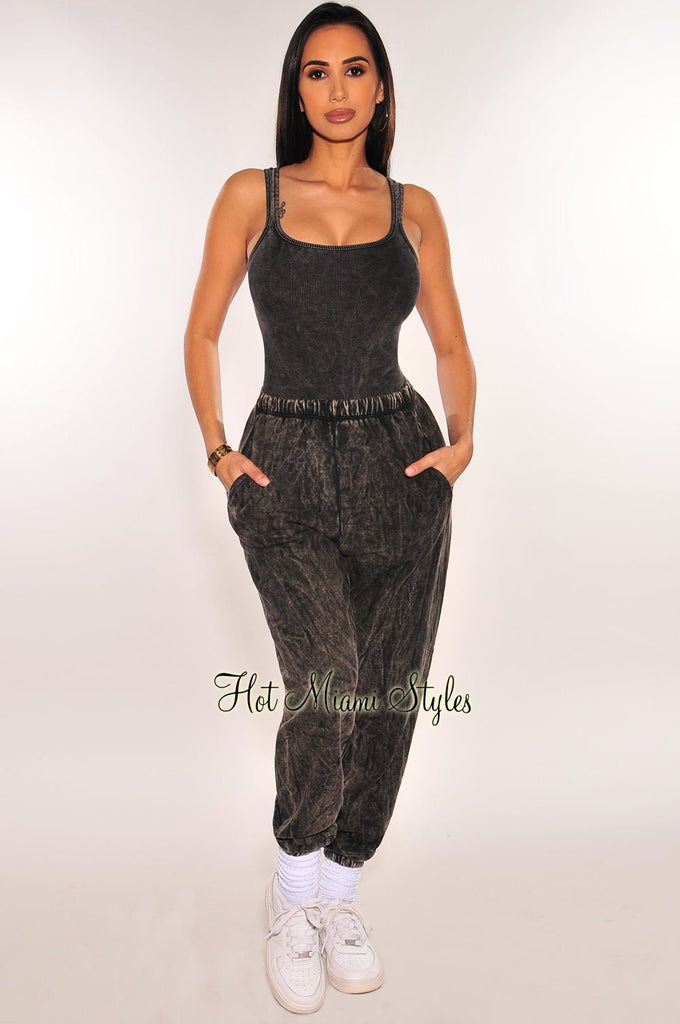 Black Vintage Wash Bodysuit Jogger Pants Two Piece Set Hot Miami Styles