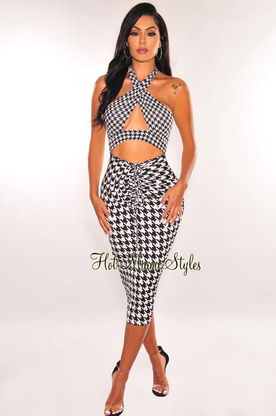 Black White Houndstooth CrissCross Cut Out Ruched Dress - Hot Miami Styles