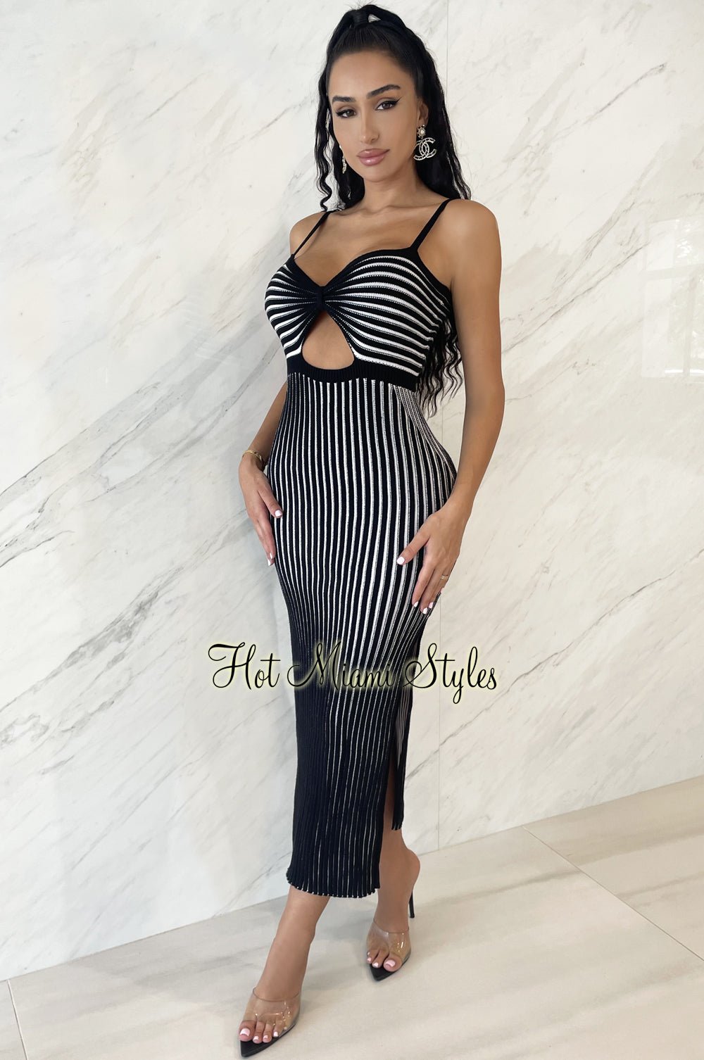 Black White Ribbed Knit Spaghetti Strap Knotted Cut Out Double Slit Dress