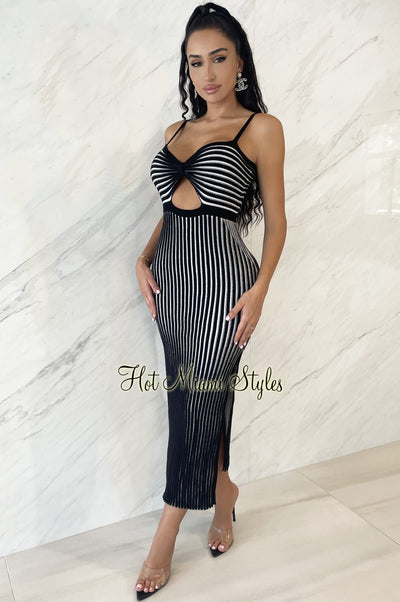 Black White Ribbed Knit Spaghetti Strap Knotted Cut Out Double Slit Dress - Hot Miami Styles