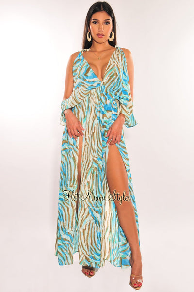 Blue Animal Print V Neck Open Shoulder Double Slit Maxi Dress - Hot Miami Styles