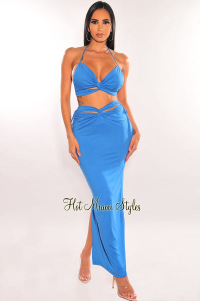 Blue Cut Out Knotted Midi Skirt Two Piece Set - Hot Miami Styles