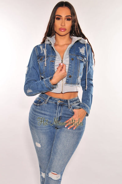 Blue Denim Distressed Layered Gray Zipper Hooded Cropped Jacket - Hot Miami Styles