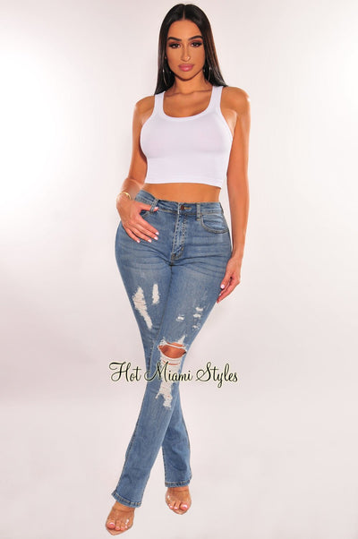 Blue Denim Distressed Slit Hem Jeans - Hot Miami Styles