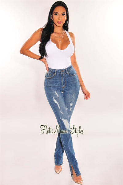 Blue Denim Distressed Straight Leg Slit Hem Jeans - Hot Miami Styles