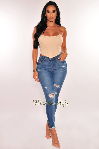 Blue Denim High Waist Distressed Skinny Frayed Hem Ankle Jeans - Hot Miami Styles