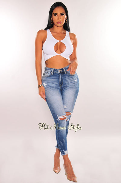 Blue Denim High Waisted Ripped Ankle Jeans - Hot Miami Styles