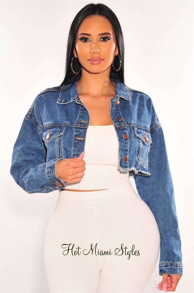 Blue Denim Long Sleeve Destroyed Back Cropped Jacket - Hot Miami