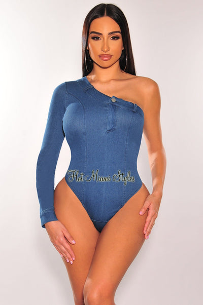 Blue Denim One Shoulder Long Sleeve Bodysuit - Hot Miami Styles