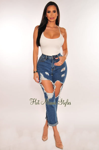 Blue Denim Ripped Mom Jeans - Hot Miami Styles