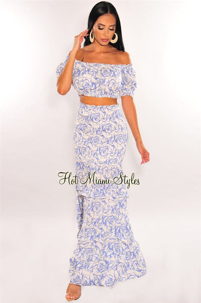 Blue Floral Print Off Shoulder Smocked Maxi Skirt Two Piece Set - Hot Miami Styles