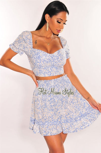 Blue Floral Print Padded Skirt Two Piece Set - Hot Miami Styles
