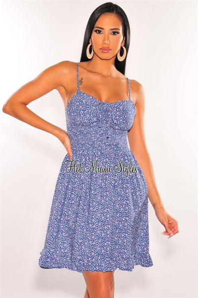 Blue Floral Print Spaghetti Straps Smocked Ruffle Dress - Hot Miami Styles