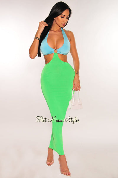 Blue Green Halter O Ring Cut Out Slit Midi Dress - Hot Miami Styles