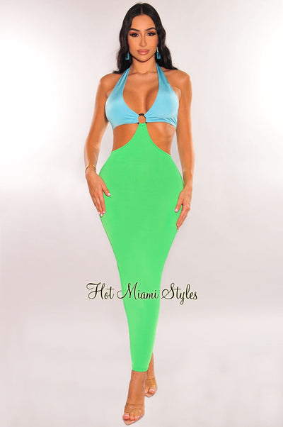 Blue Green Halter O Ring Cut Out Slit Midi Dress - Hot Miami Styles