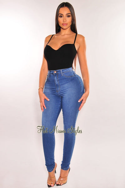 Blue Medium Wash Denim High-Waist Skinny Jeans - Hot Miami Styles