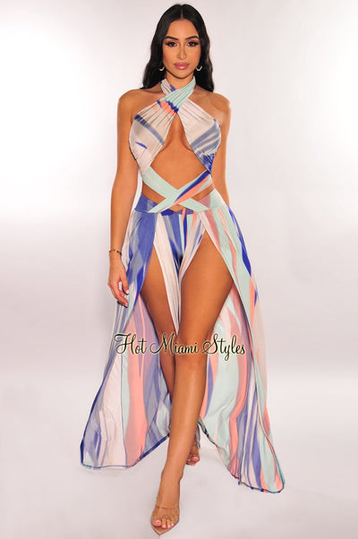 Blue Multicolor Abstract Print Criss Cross Wrap Halter Palazzo Jumpsuit - Hot Miami Styles