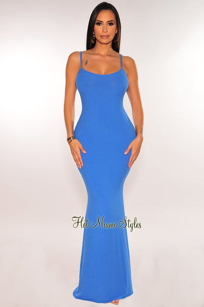 Blue Ribbed Spaghetti Strap Mermaid Dress - Hot Miami Styles