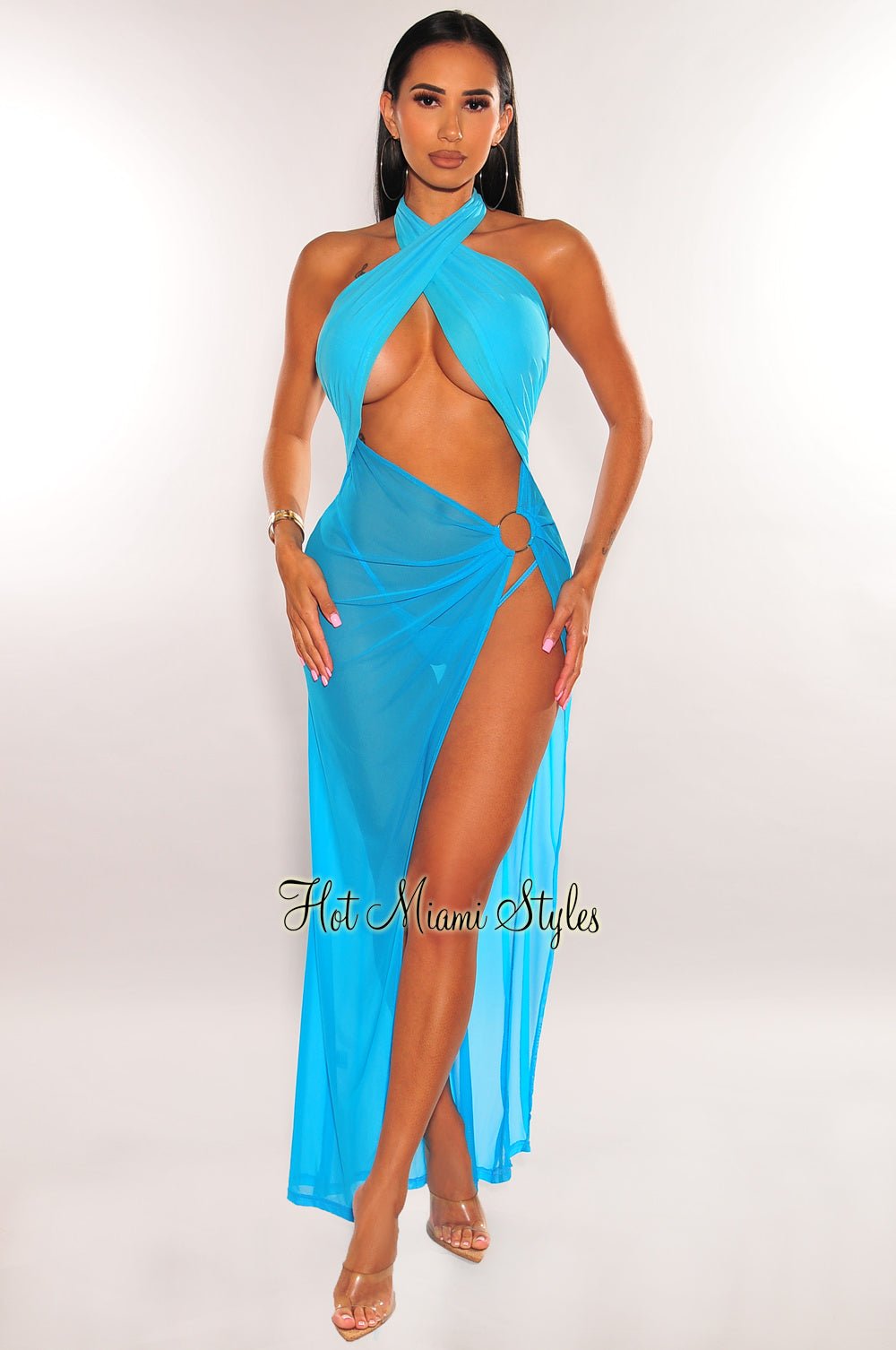 Blue Two Toned Criss Cross Halter O-Ring Mesh Slit Dress – Hot Miami Styles