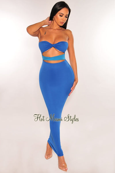 Blue Two Toned Cut Out Strapless Dress - Hot Miami Styles