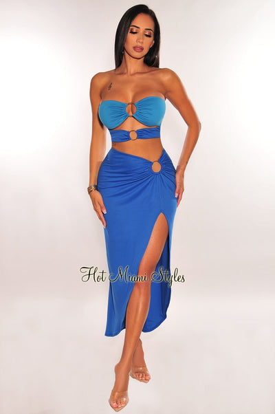 Blue Two Toned Strapless O Ring Cut Out Slit Skirt Two Piece Set - Hot Miami Styles