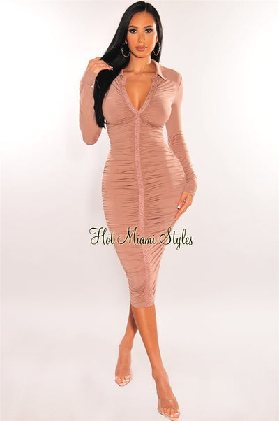Blush Collared Long Sleeve Snap Button Up Ruched Midi Dress - Hot Miami Styles