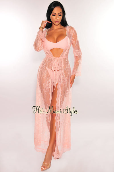 Blush Floral Lace Crochet Sheer Tie Up Cover Up - Hot Miami Styles