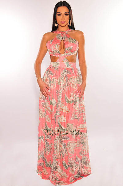 Blush Floral Print Padded Cut Out Open Back Maxi Dress - Hot Miami Styles