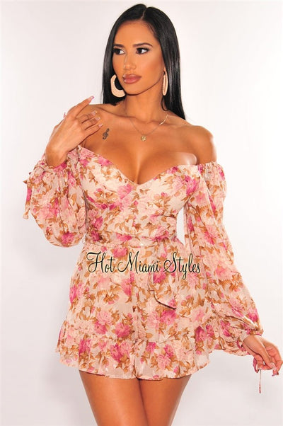 Blush Floral Print Padded Long Sleeve Belted Romper - Hot Miami Styles