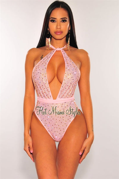 Blush Iridescent Rhinestones Halter Multi Wear Swimsuit - Hot Miami Styles
