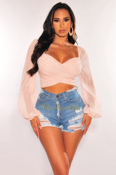 Blush Long Sleeves Cut Out Back Crop Top - Hot Miami Styles
