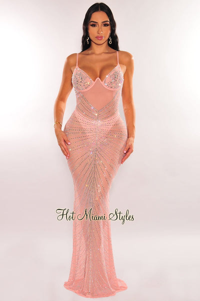Blush Mesh Rhinestone Underwire Mermaid Gown - Hot Miami Styles