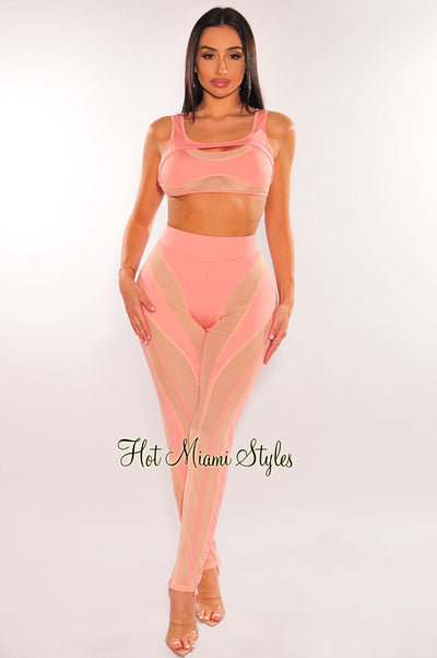 Blush Nude Illusion Sleeveless Stirrup Pants Two Piece Set - Hot Miami Styles
