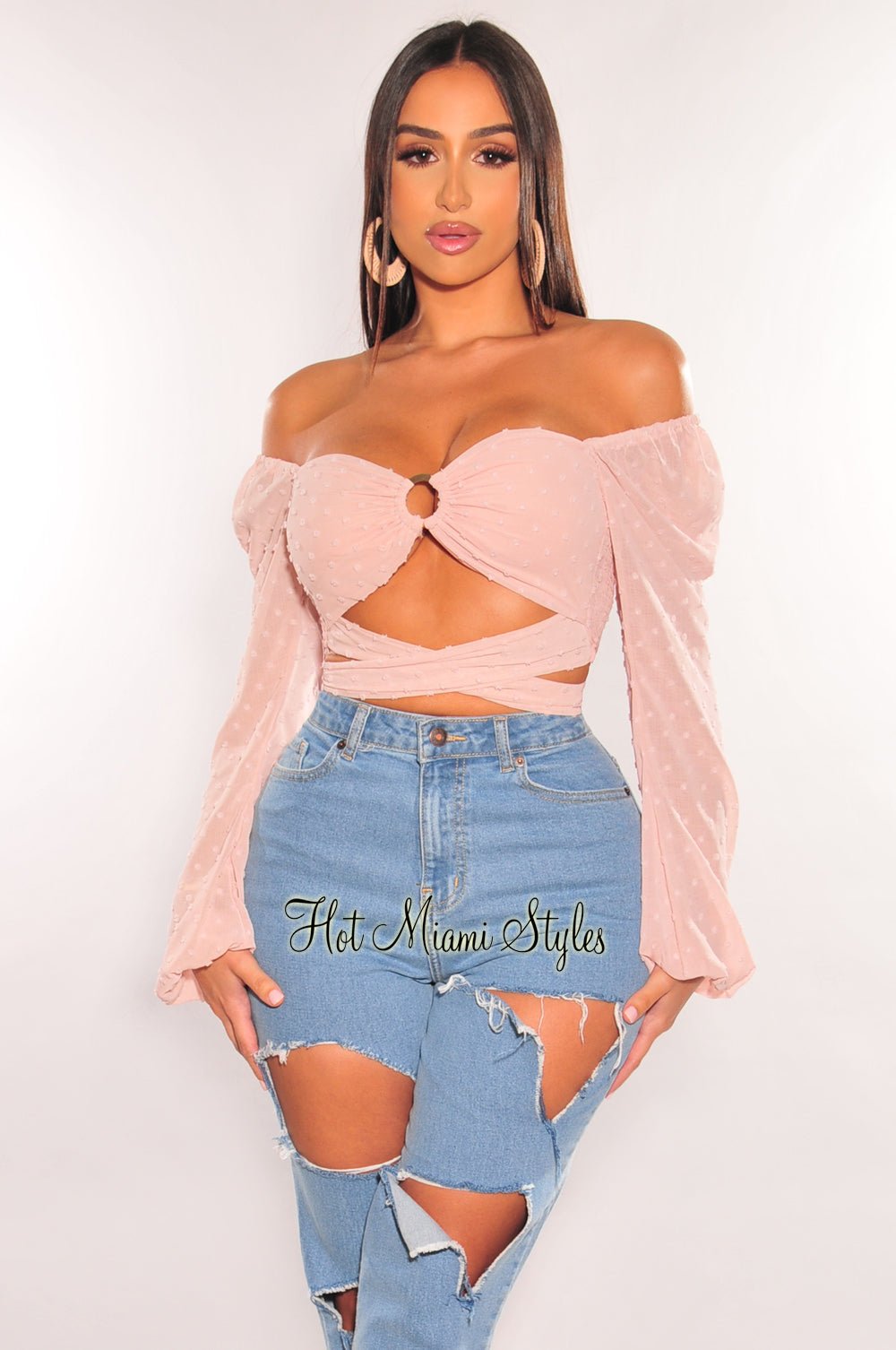 Blush O-Ring Cut Out Long Sleeve Wrap Around Crop Top