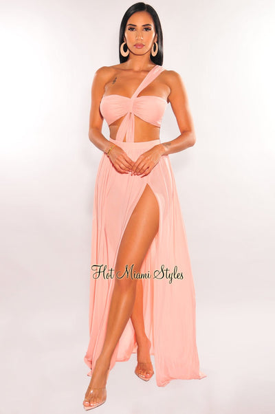 Blush One Shoulder Cut Out Strappy Slit Maxi Dress - Hot Miami Styles