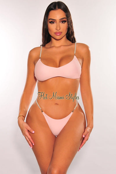 Blush Pearl Straps Scoop Neck Scrunch Butt Bikini Bottom - Hot Miami Styles