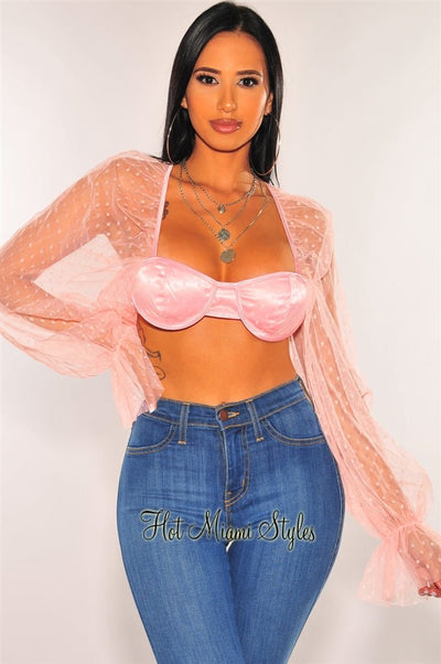 Blush Polka Dot Mesh Underwire Long Sleeves Bustier Crop Top - Hot Miami Styles