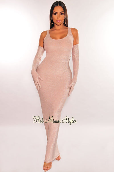 Blush Shimmery Sleeveless Scoop Back Midi Dress + Gloves - Hot Miami Styles