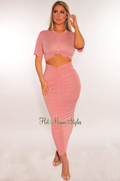 Blush Short Sleeve Cut Out Ruched Maxi Dress - Hot Miami Styles