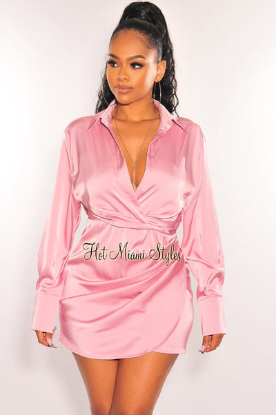 Blush Silky Collared Long Sleeve Knotted Slit Shirt Dress - Hot Miami Styles